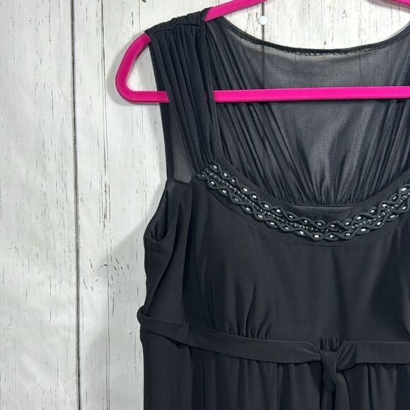 Sangria Black Sleeveless Sheer Babydoll Tie Front Embellished Stretch Midi Dress - Picture 3 of 16